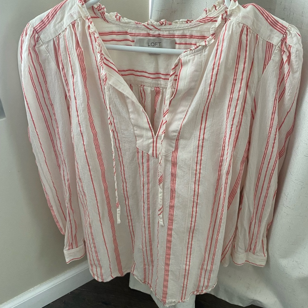Loft ivory and coral striped top with neck tie